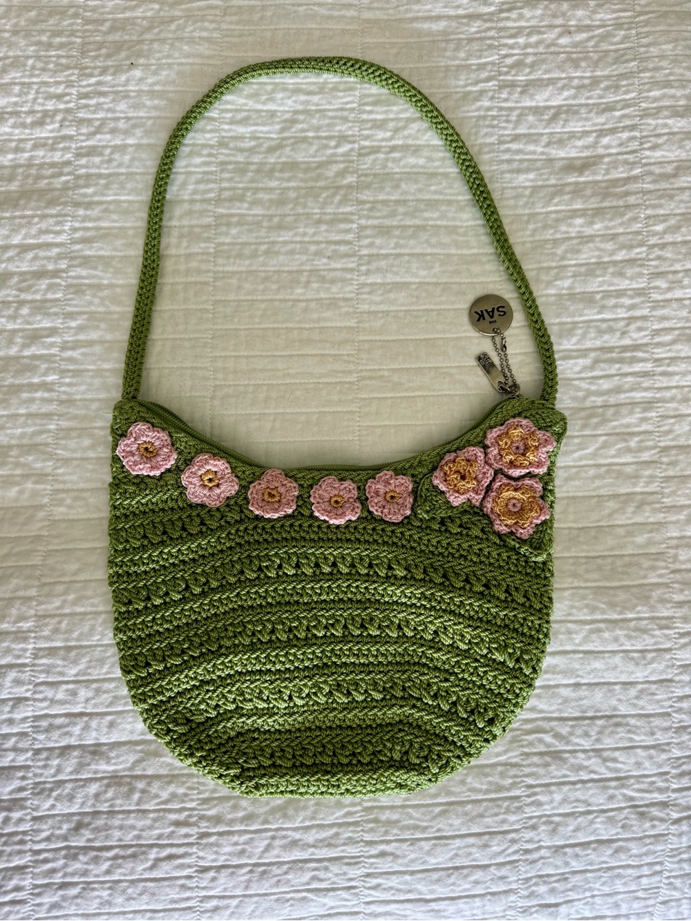 The Sak Olive Green Crochet Shoulder Bag with Pink Flower Detail